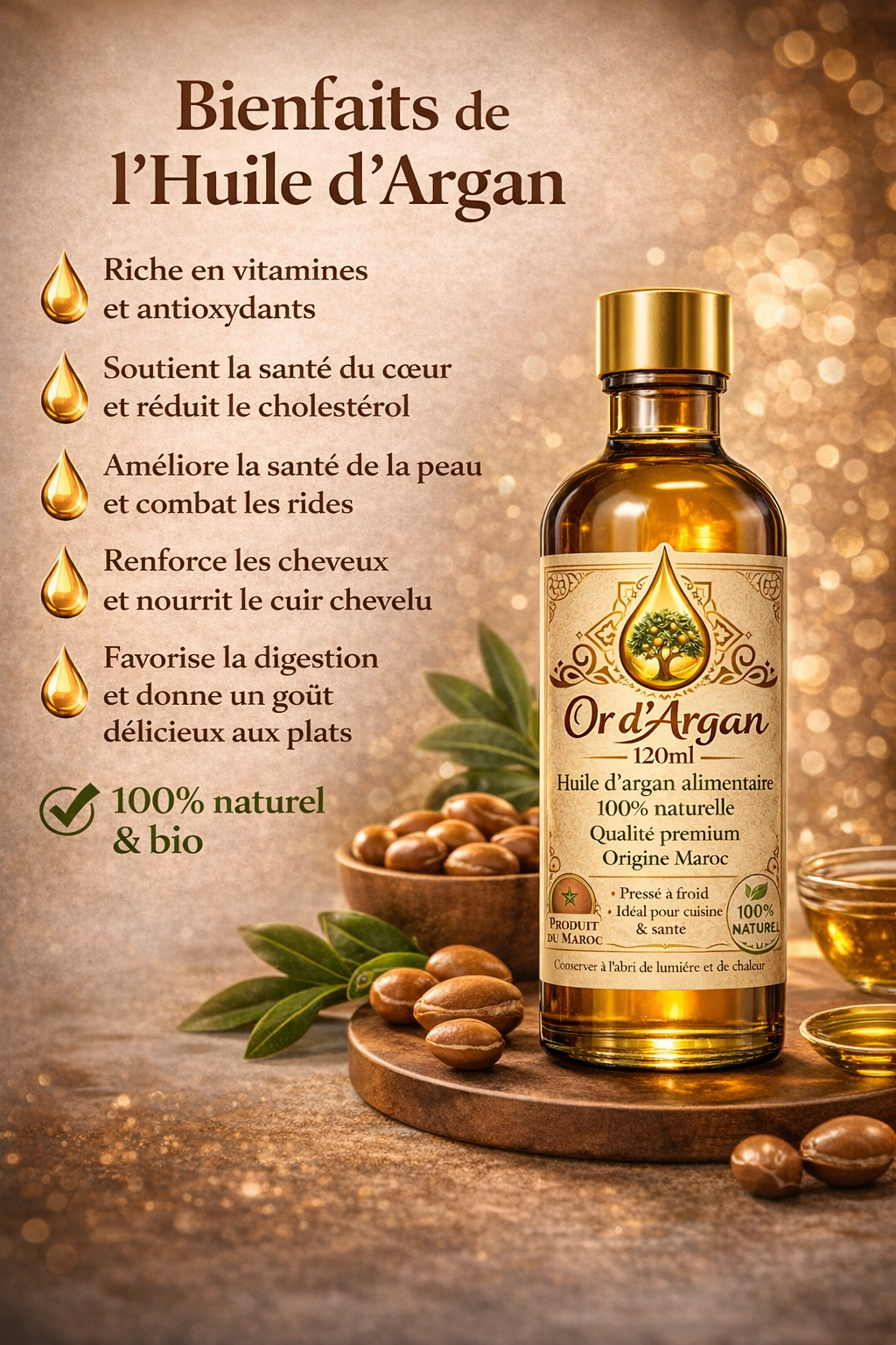 Huile d’Argan Alimentaire Bio – Pressée à Froid