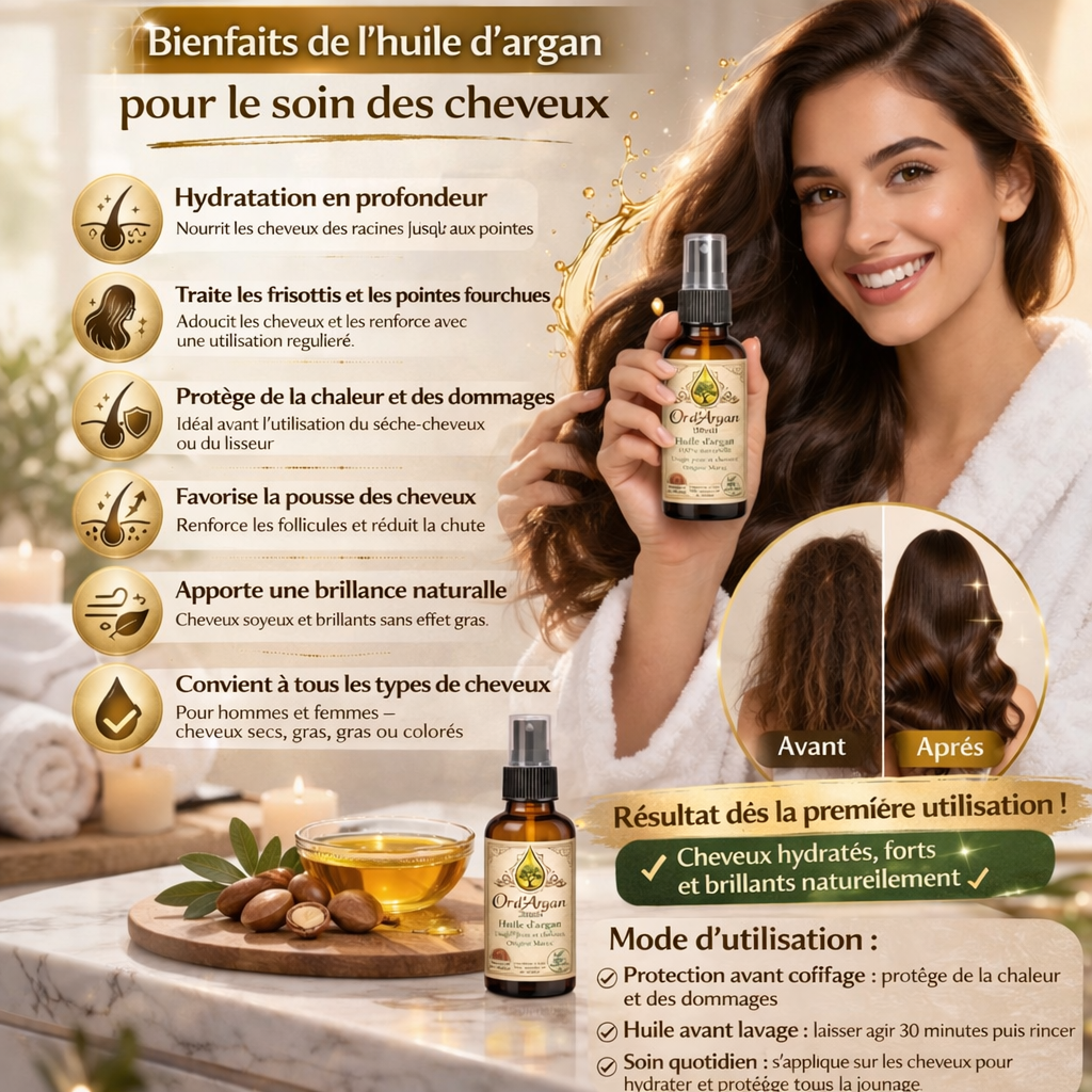 Huile d’Argan Cheveux – Brillance & Réparation