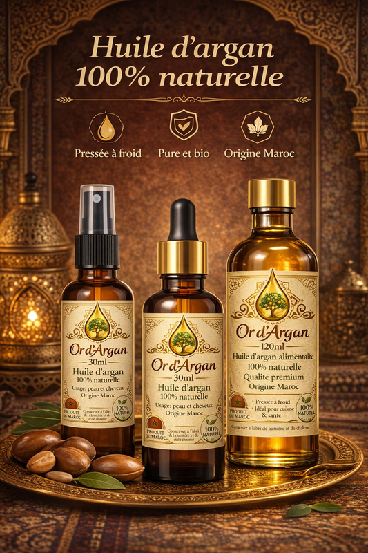 💛 Packs Huile d’Argan – Cheveux, Visage & Alimentaire | 100% Naturelle 🇲🇦